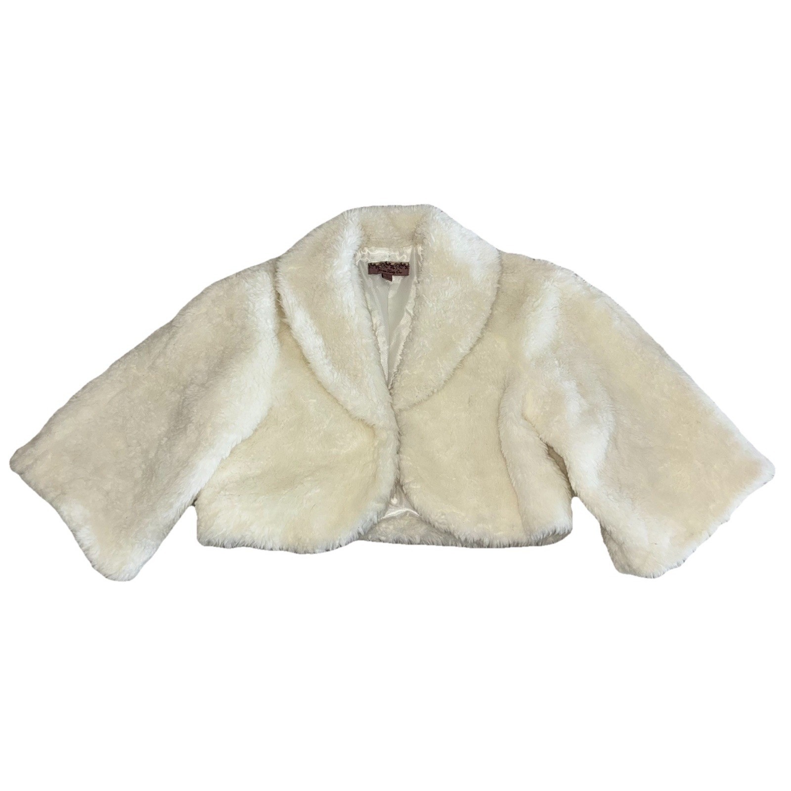 Forever 21 Jacket Women's L White Faux Fur Teddy Bolero 3/4 Sleeve Cropped Y2k
